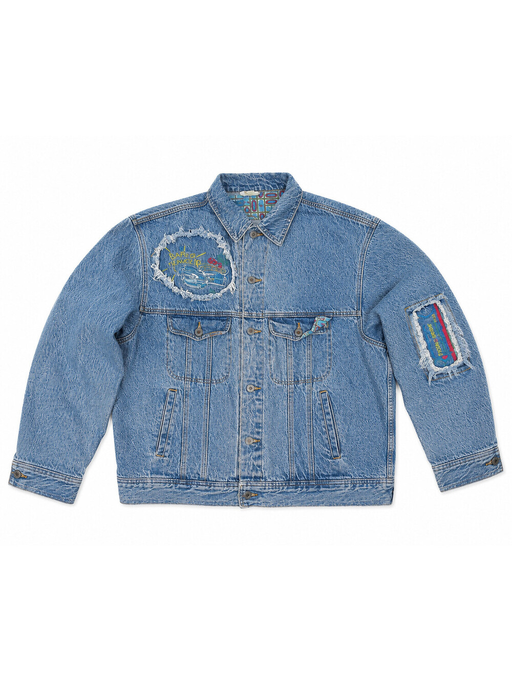 Vintage 1980 Lee Denim Trucker Jacket Highly Unique,Distressed,Embroidery Sz XL
